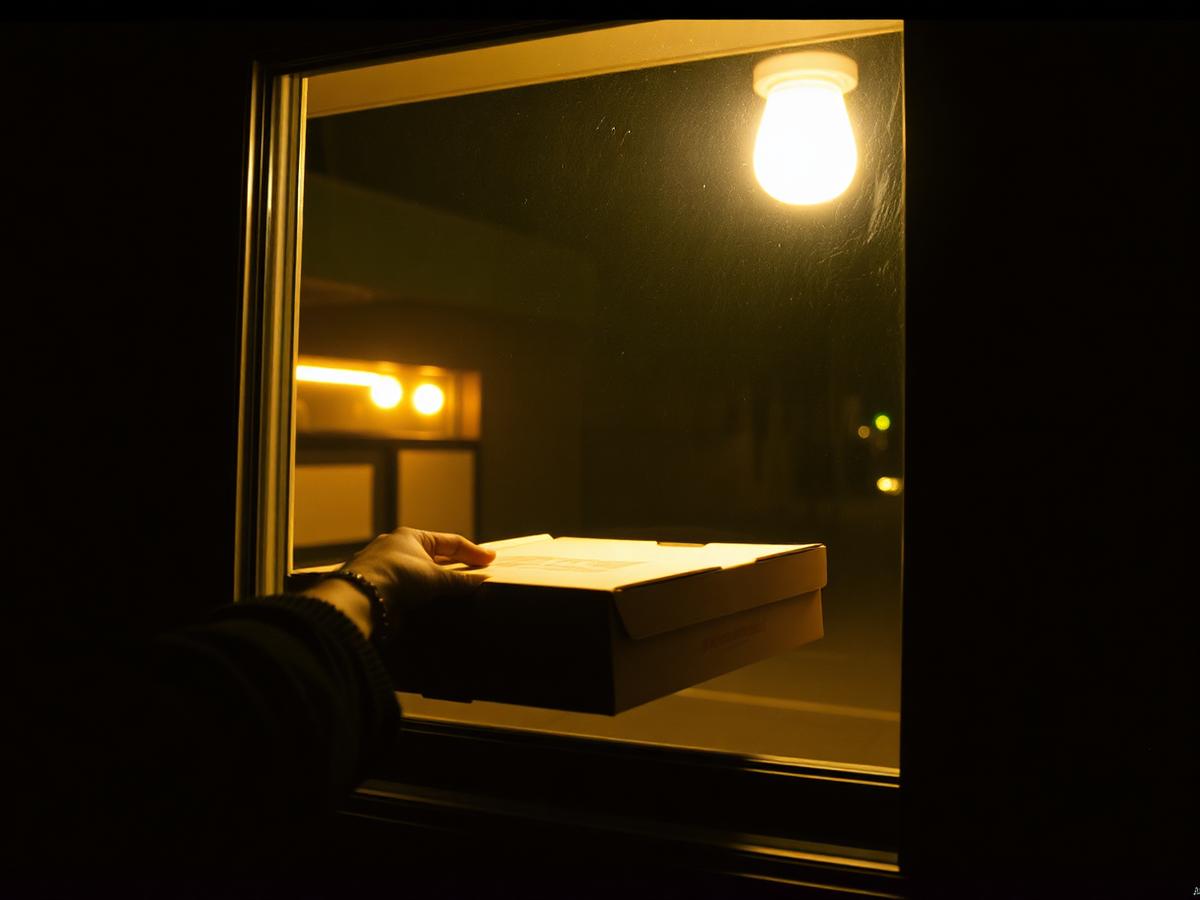 Pizza box handed through the drive-thru window at night